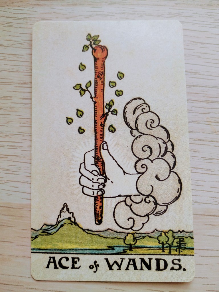 Una mano en el cielo sostiene una vara de madera apuntando hacia arriba. La vara tiene algunas ramitas con hojas verdes. En el suelo hay un paisaje verde, con una colina, un río y algunos árboles.