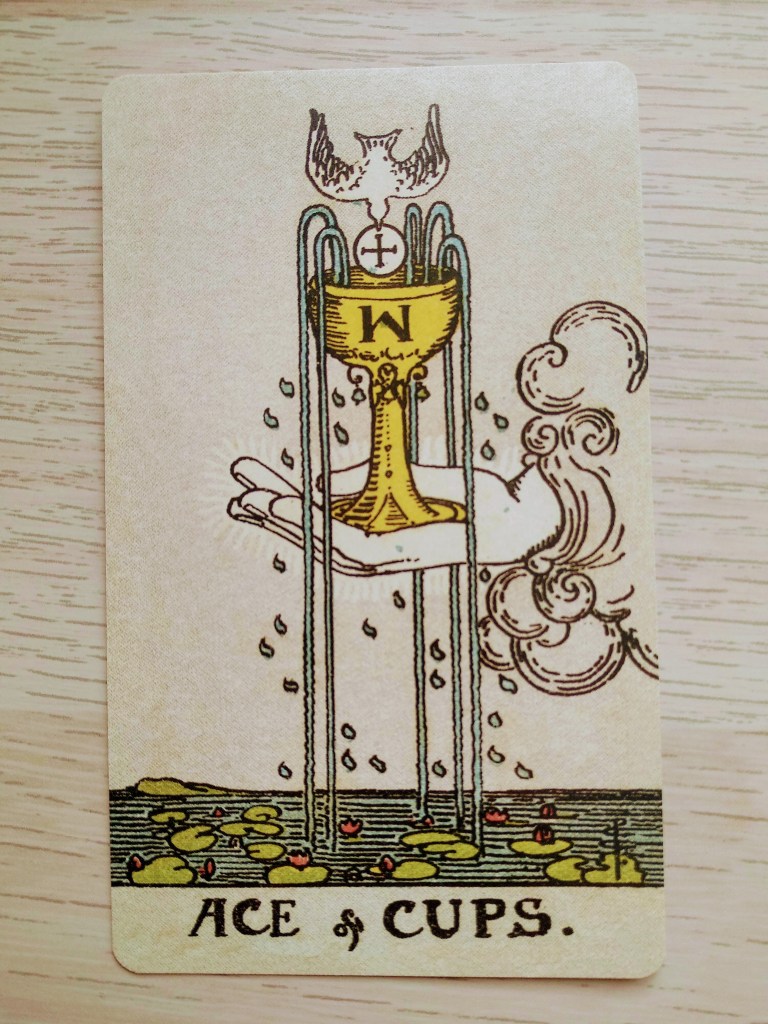 En esta carta, una mano en el cielo tiene un cáliz rebosante de agua, con una M mayúscula invertida grabada. Una paloma blanca lleva un disco blanco en el pico para mojarlo en el cáliz, como en la ceremonia religiosa de la comunión. En el suelo hay un cuerpo de agua con nenúfares con flores rojas.